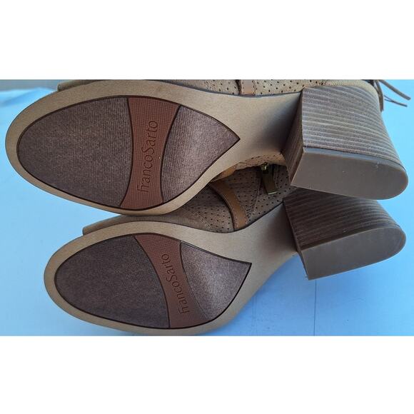 Franco Sarto Fina2 Bootie Peep toe Sandal Heels Tan Suede Perforated Fringe Sz 9 - Picture 7 of 11